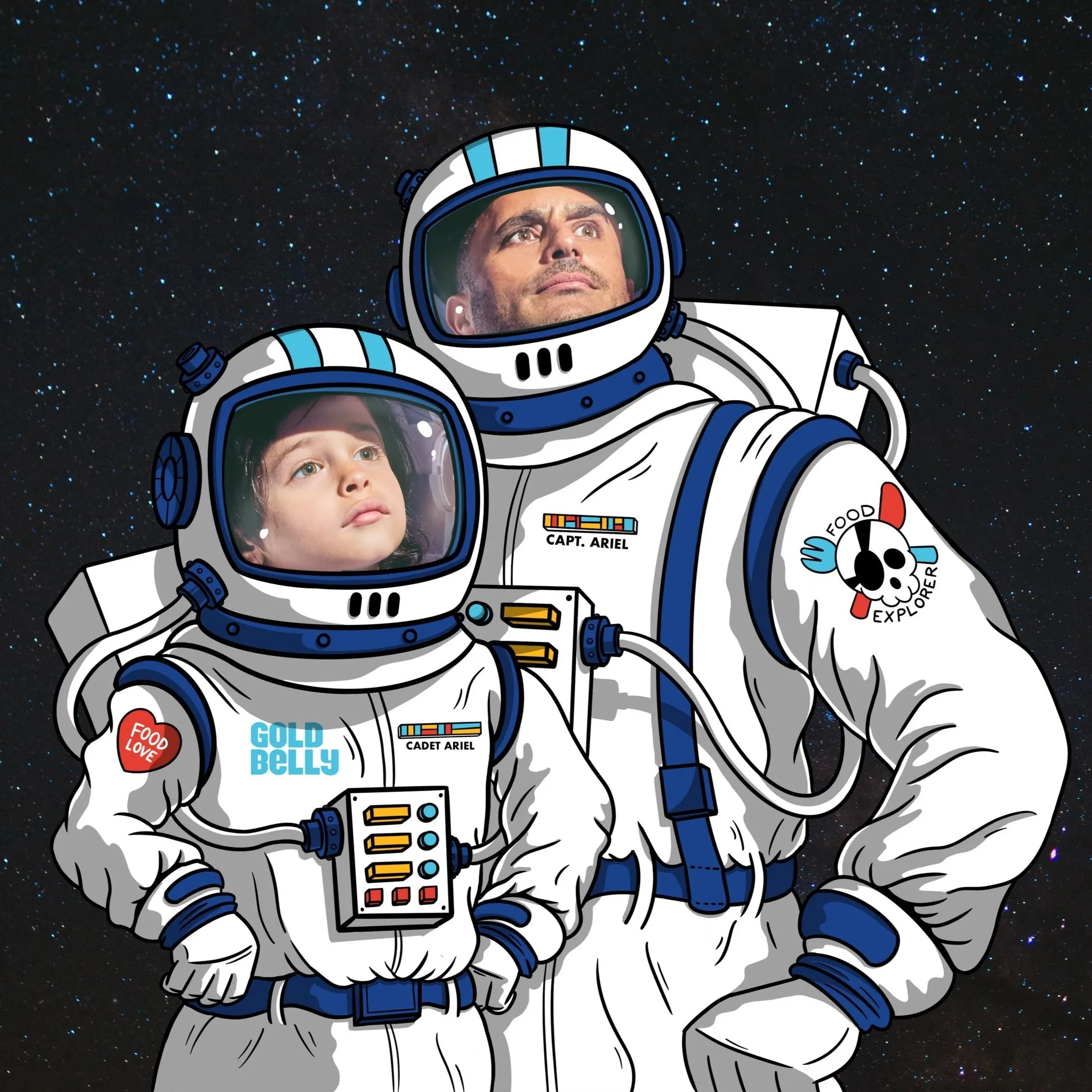 Illustration of a man and a young girl in space suits against a starry space background, with faces of the man and girl visible through the helmets.