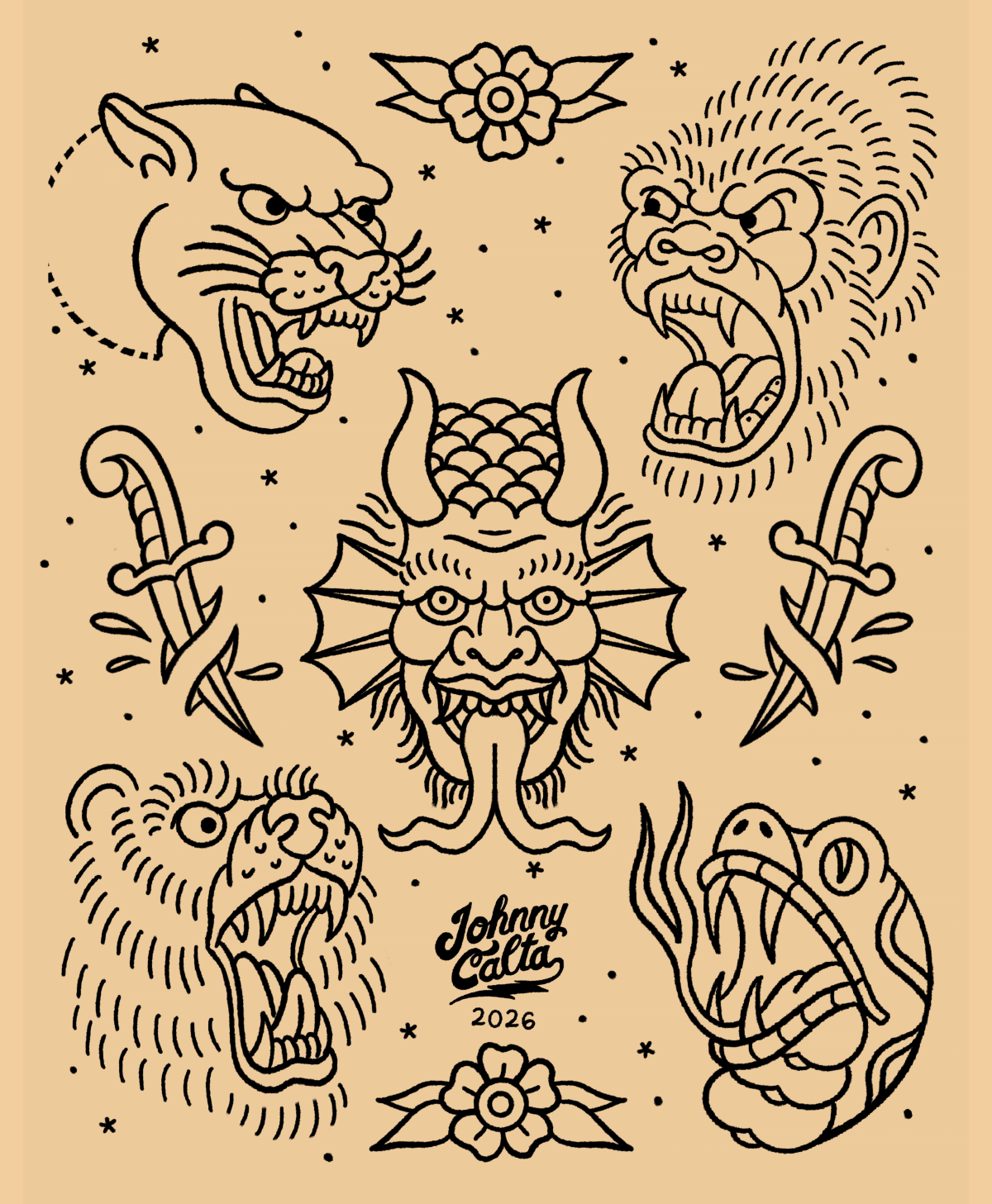 gif of americant traditional tattoo flash animating from line drawing to filled color