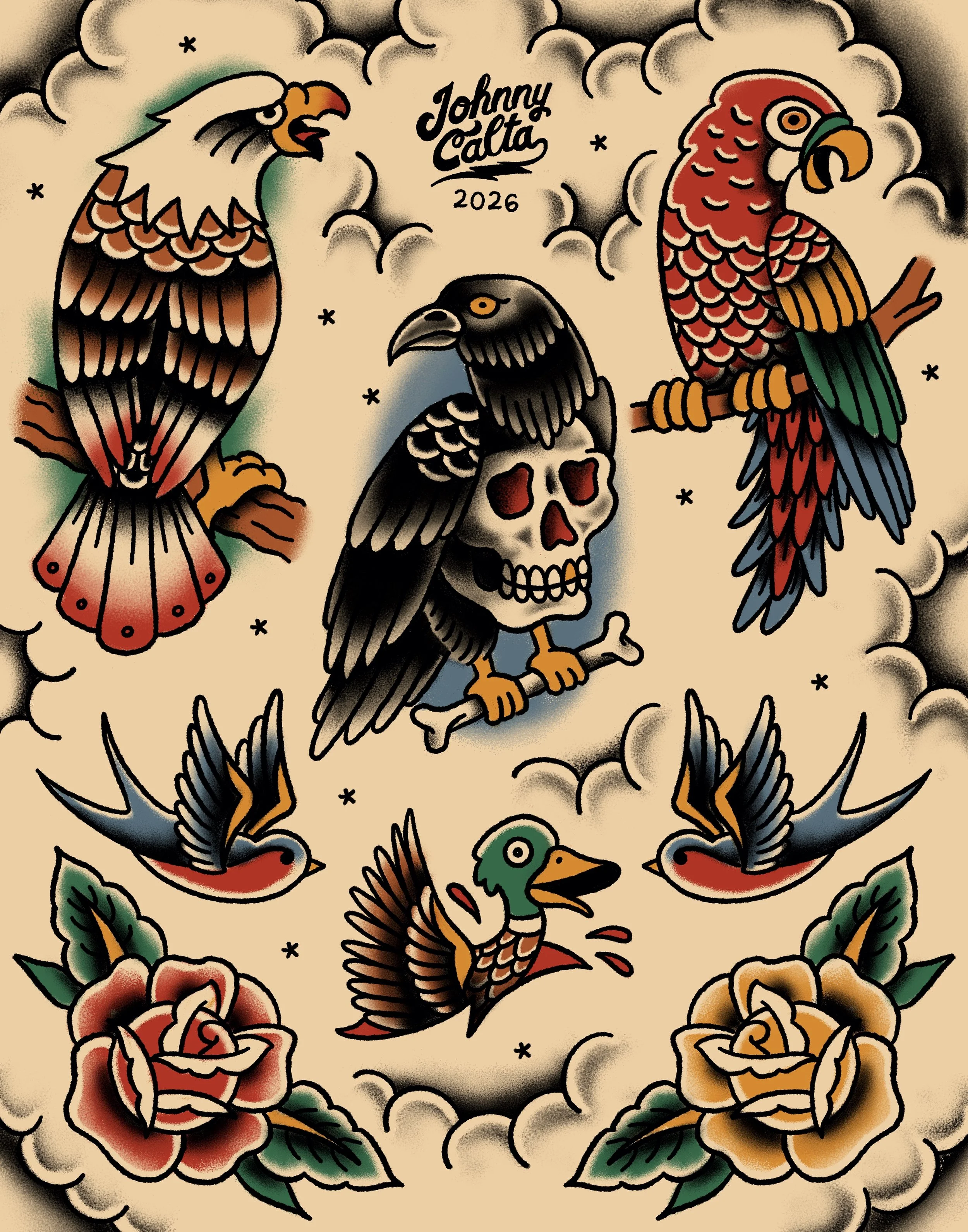 American Traditional Flash sheet of birds: parrot, eagle, crow, swallows, and duck 
