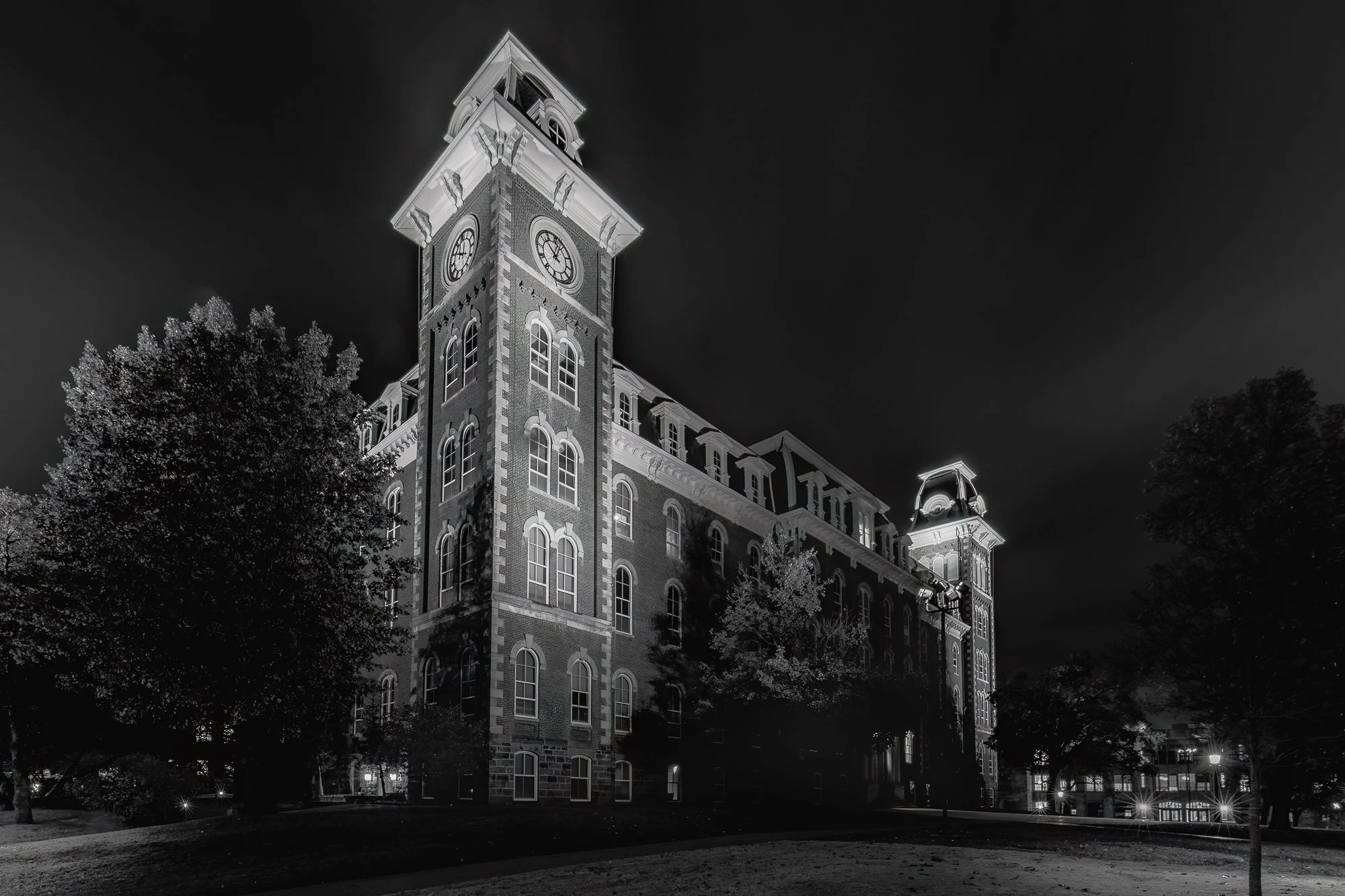 Historic clock tower building at night with illuminated facade and trees, in black and white.