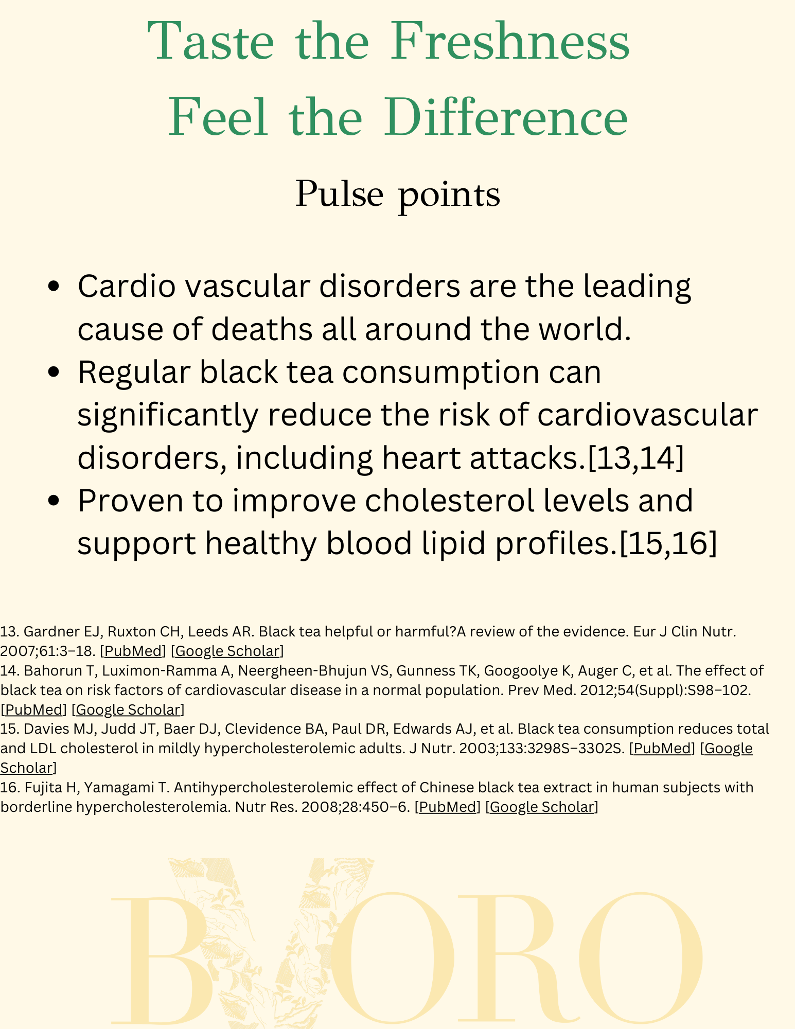 A webpage with the title 'Taste the Freshness Feel the Difference' and a subtitle 'Pulse points'. The page contains some bulleted health information related to black tea and cardiovascular health, with citations and references at the bottom.