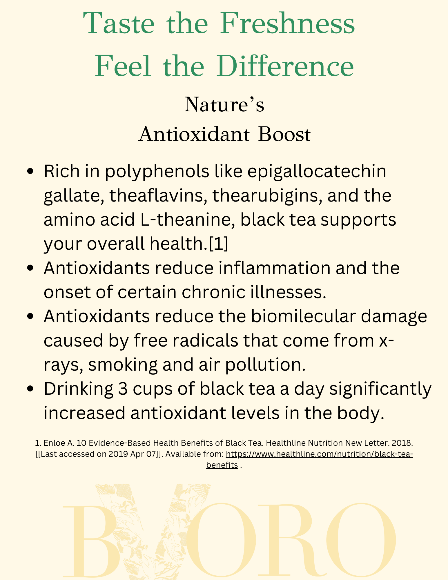An informational page about the health benefits of black tea, highlighting its antioxidants and effects on inflammation, chronic illnesses, and antioxidant levels.
