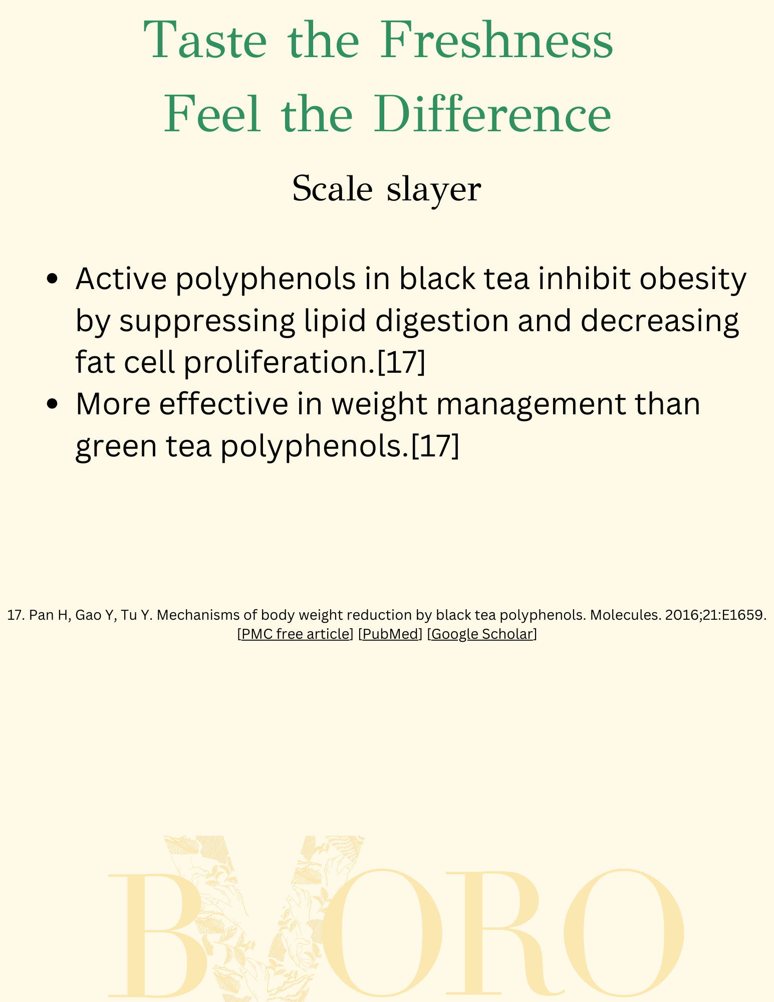 Text on a beige background reads "Taste the Freshness, Feel the Difference, Scale slayer" and includes a citation at the bottom for a scientific article about black tea polyphenols.