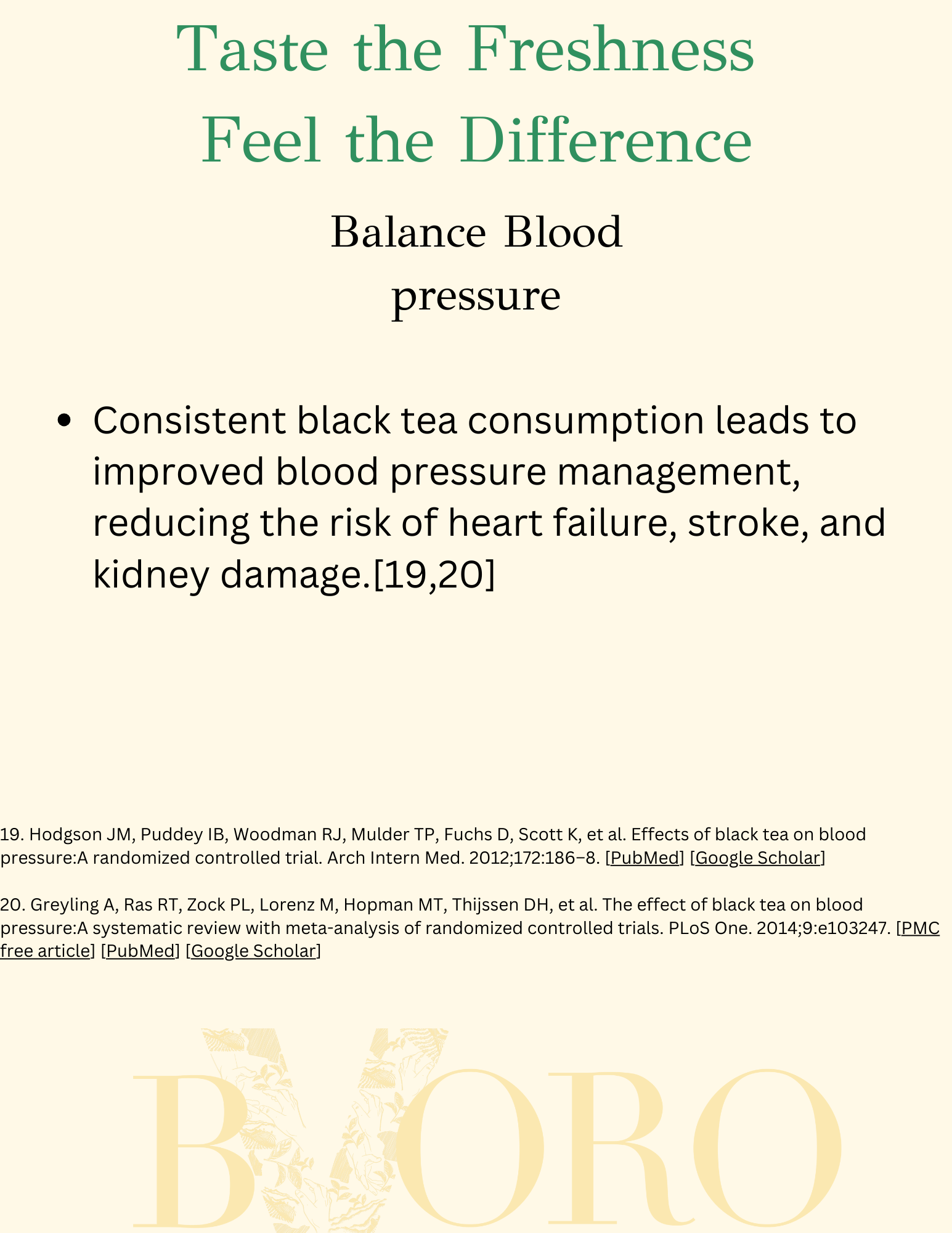A presentation slide with the title 'Taste the Freshness, Feel the Difference'. The slide discusses the impact of black tea on blood pressure, mentioning that consistent black tea consumption can improve blood pressure management and reduce the risk 