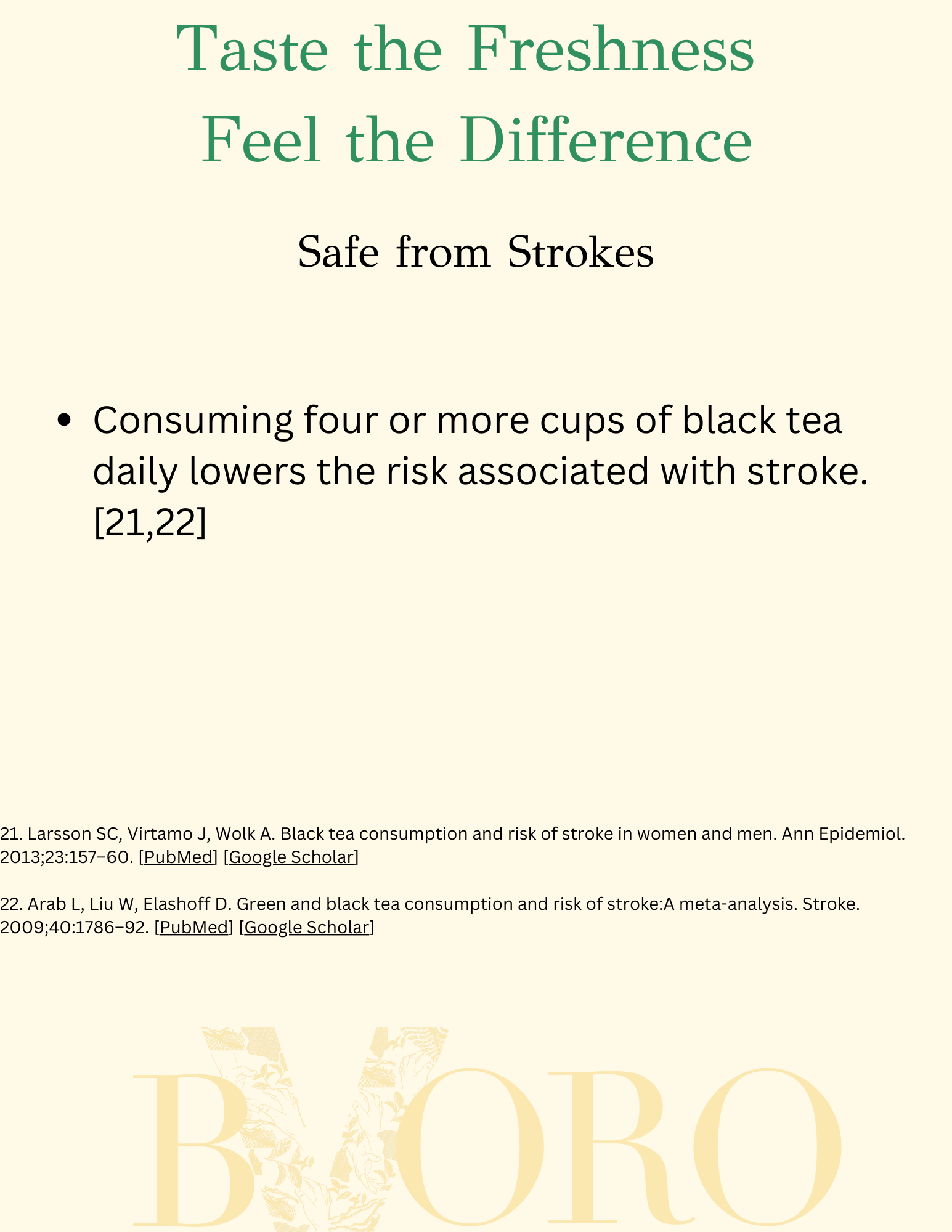 Research article listing about black tea consumption and stroke risk, with a background of a beige color and botanical illustrations.