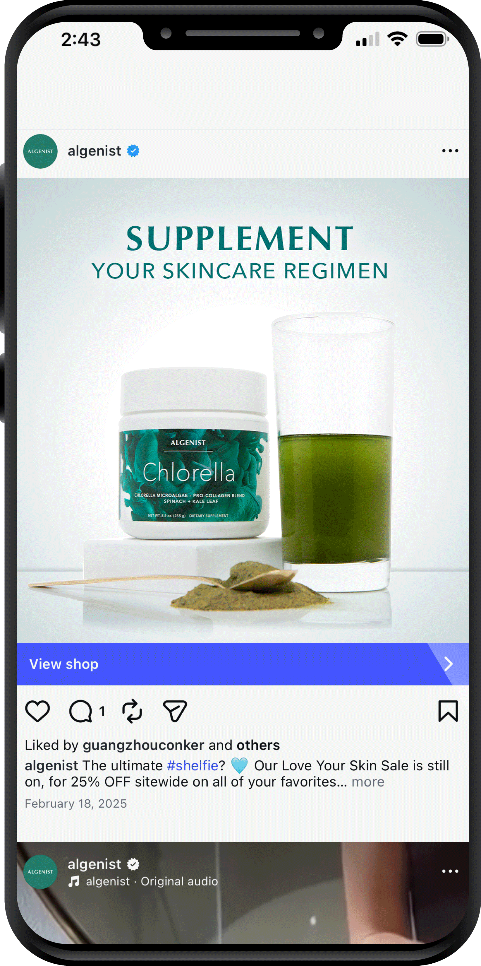 A smartphone screen displaying a social media post for Algenist skincare products, specifically Chlorella dietary supplement, with a jar and a green drink, and some powder in the foreground.