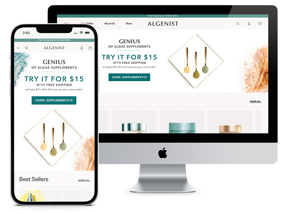 An iPhone and an iMac display a website for Algenist, showcasing algae supplements, a promotion for a $15 try-it offer with free shipping, and a display of jewelry and skincare products.