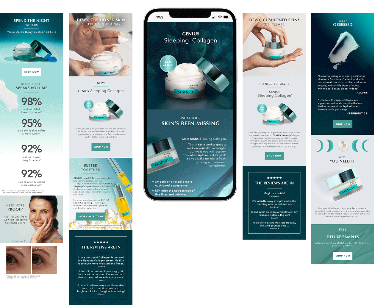 Digital advertisement for Genuis Sleeping Collagen, featuring images of the product jar, a smartphone displaying product details, and various promotional texts about skincare benefits and customer reviews.
