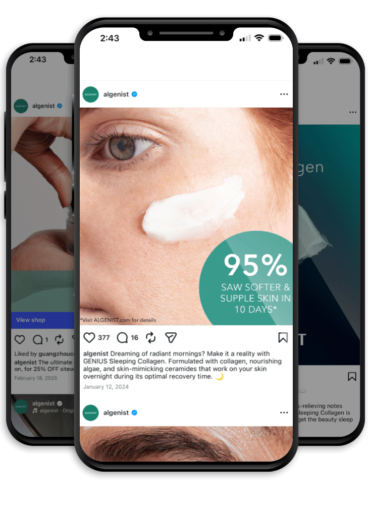 Close-up image of a woman's face with a white cream or gel applied on her cheek under her eye, with a text overlay indicating 95% saw softer and supple skin in 10 days.