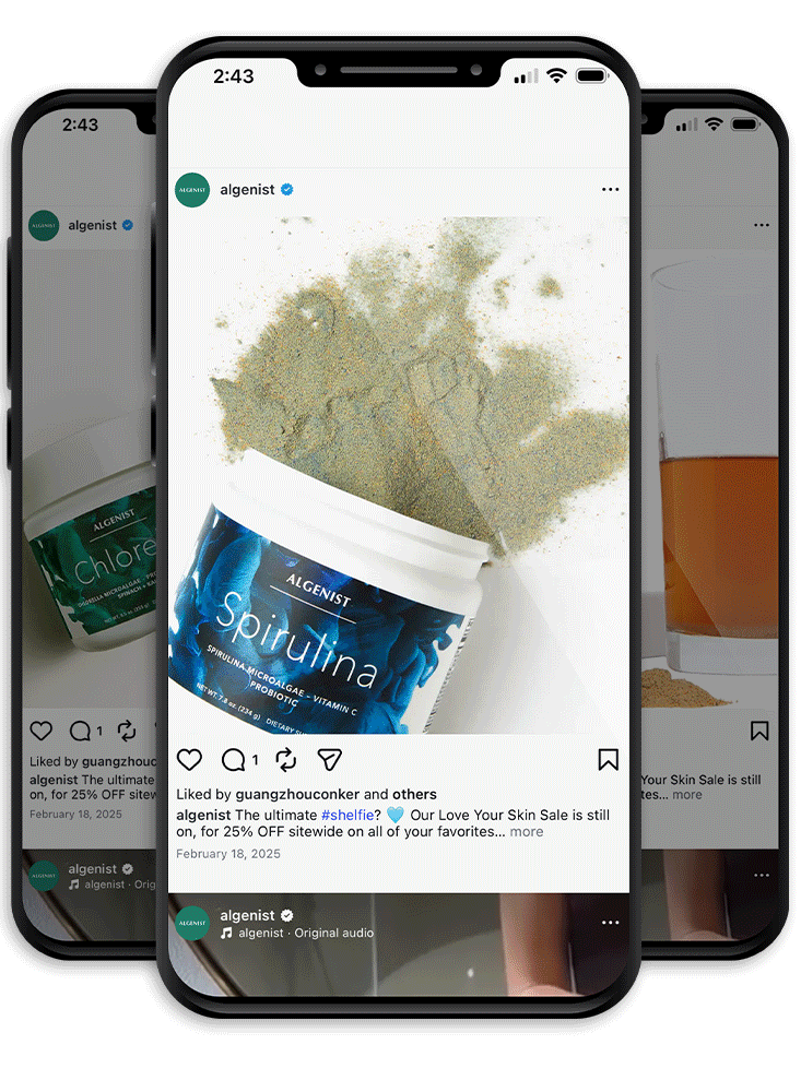 Instagram post showing a container of Spirulina supplement, a pile of green powder, and a glass of liquid on a white surface.