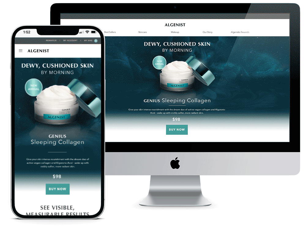 E-commerce website displaying a skincare product named 'Genius Sleeping Collagen' on an iPhone and desktop monitor. The product is in a jar with white cream, and the website has a dark blue background with white and teal text.