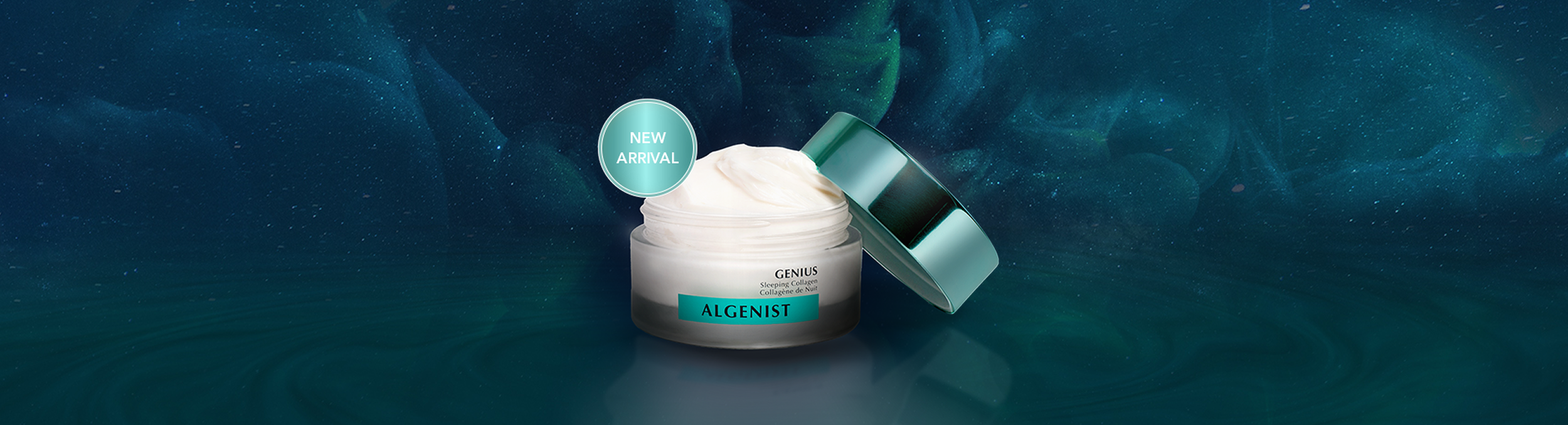 Open jar of Algenist Genius Sleeping Collagen Cream with a blue-green background and a label indicating a new arrival.