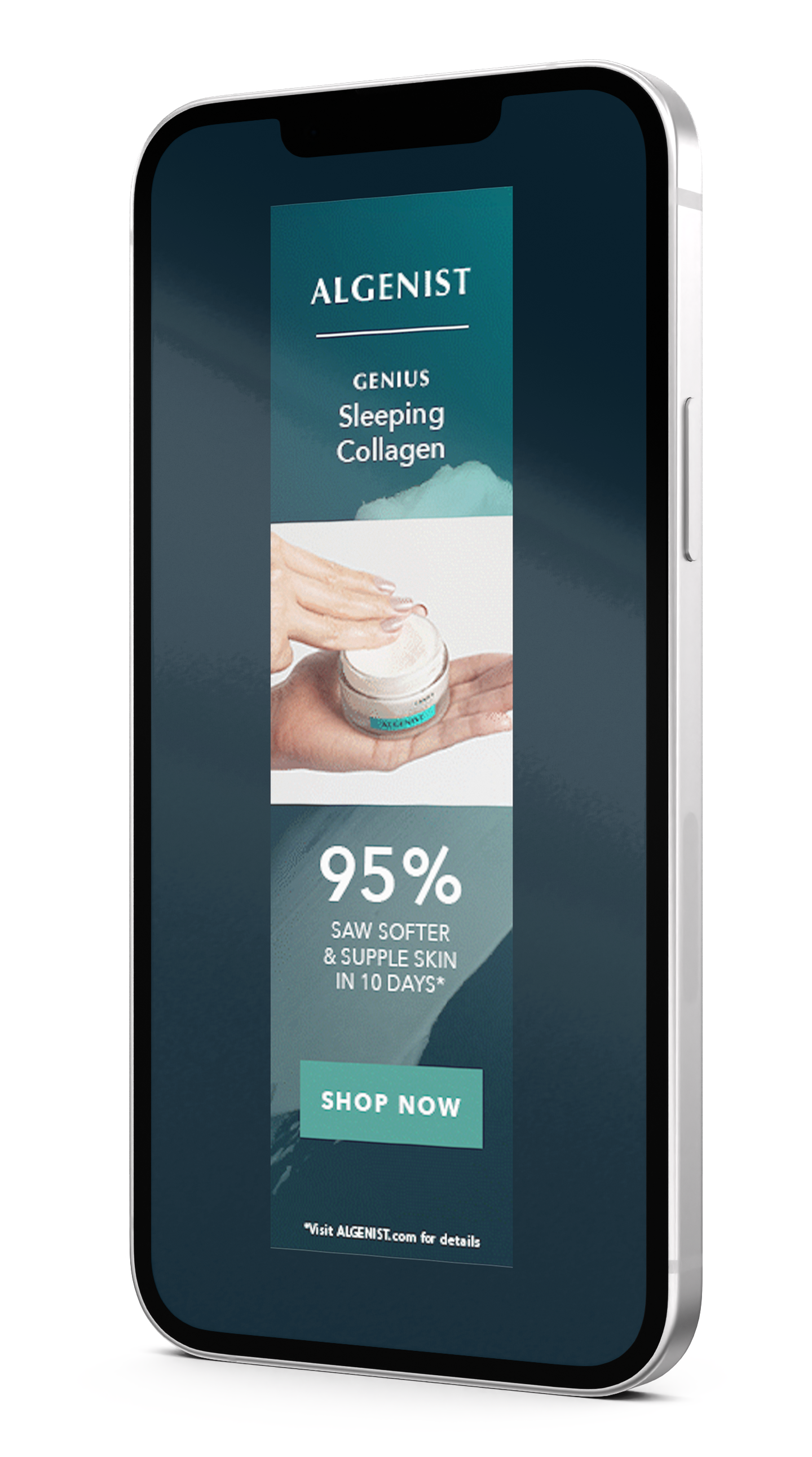 Smartphone displaying an advertisement for Algenist's Sleeping Collagen product, highlighting 95% saw softer and supple skin in 10 days, with a 'Shop Now' button.