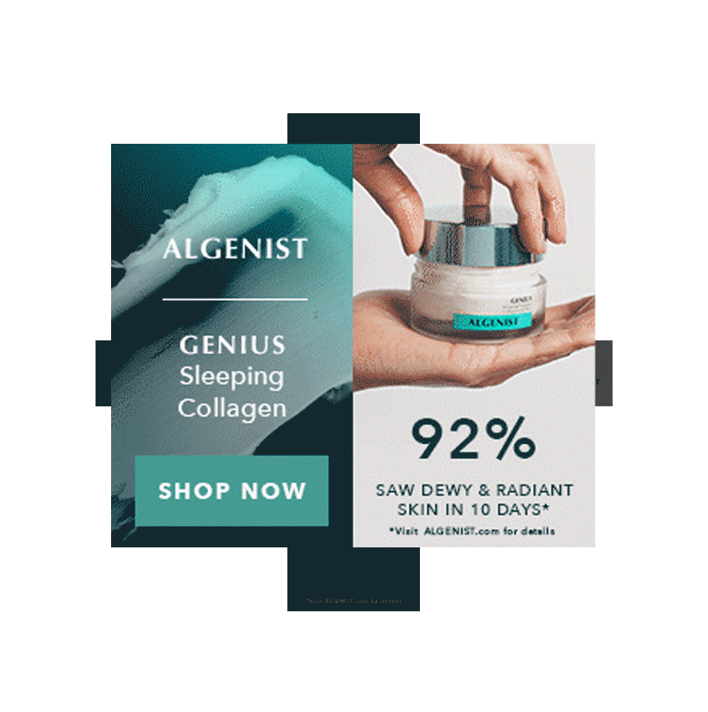 An advertisement for Algenist Genius Sleeping Collagen with a hand holding a jar of the product. Text highlights 92% saw dewy and radiant skin in 10 days, with a call-to-action button labeled 'Shop Now'