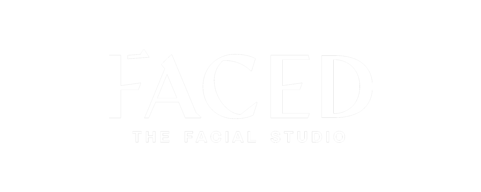 Black background with the word 'FACED' in large, mixed font letters, with 'THE FACIAL STUDIO' in smaller font beneath.