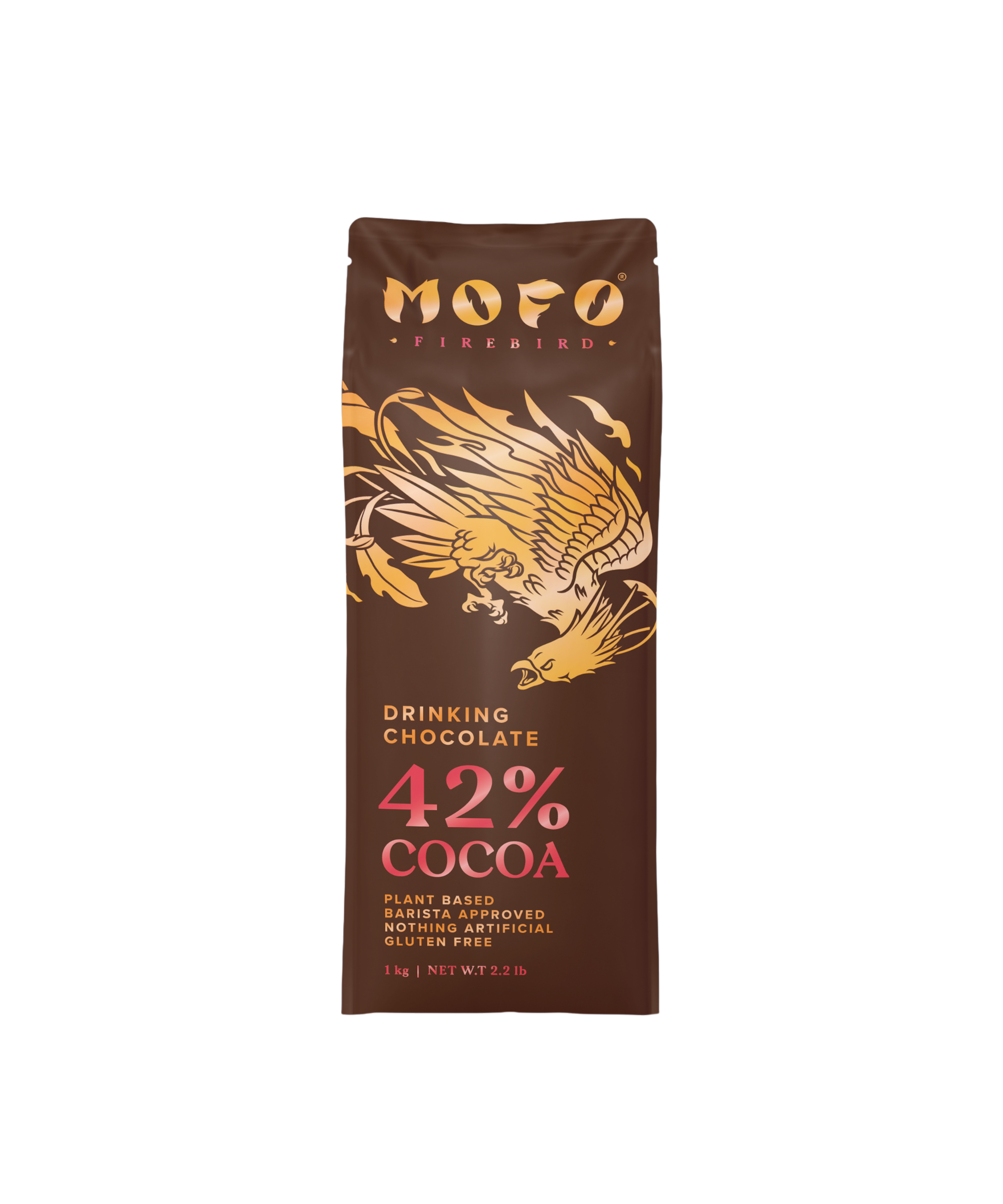 A brown and yellow package of MOFO Firebird drinking chocolate with 42% cocoa, featuring an illustration of a phoenix.