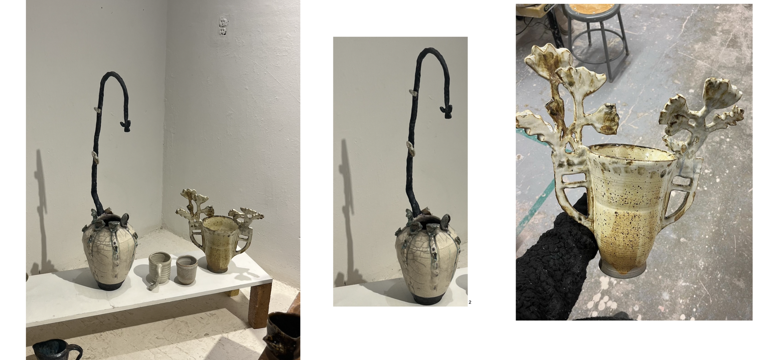 Display of ceramic vessels and a unique lamp or sculpture featuring a ceramic vase with decorative elements resembling branches or coral, set against a gallery or workshop setting.