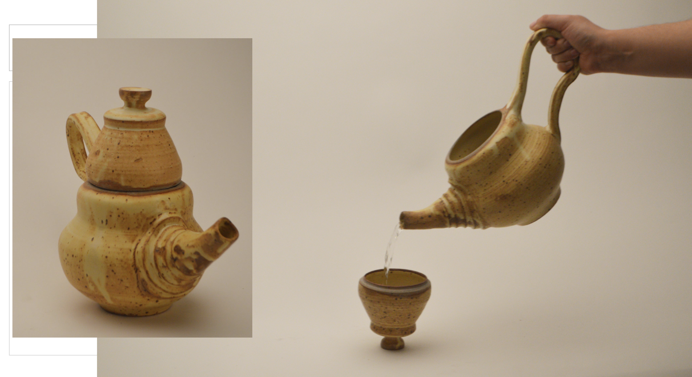 A person is pouring water from a ceramic teapot into a matching small cup. The teapot and cup are light beige with brown speckles and swirl patterns.