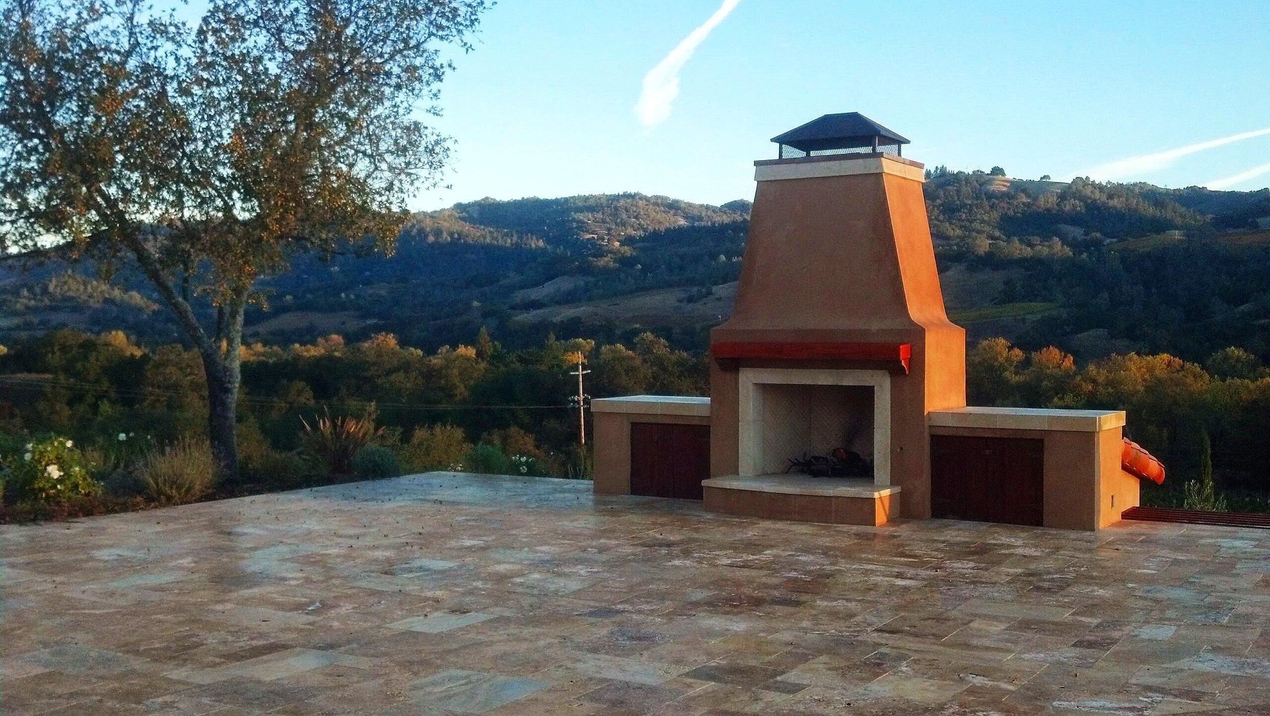 Pavered Patio with Wood burning fireplace overlooking Sonoma valley