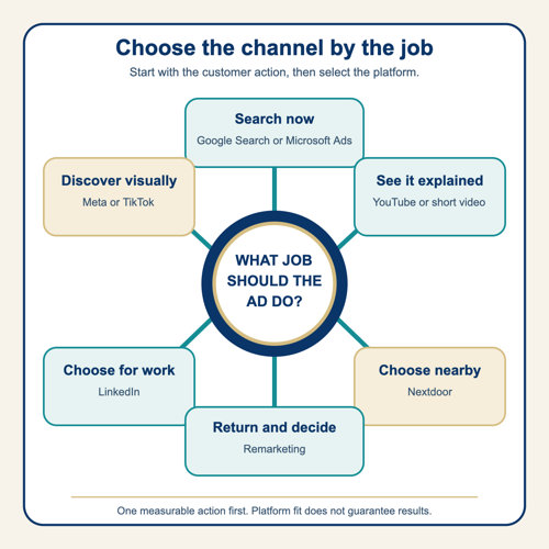 Decision guide matching paid search, social media, video, LinkedIn, Nextdoor and remarketing to the customer action a Cape Cod business wants to support.