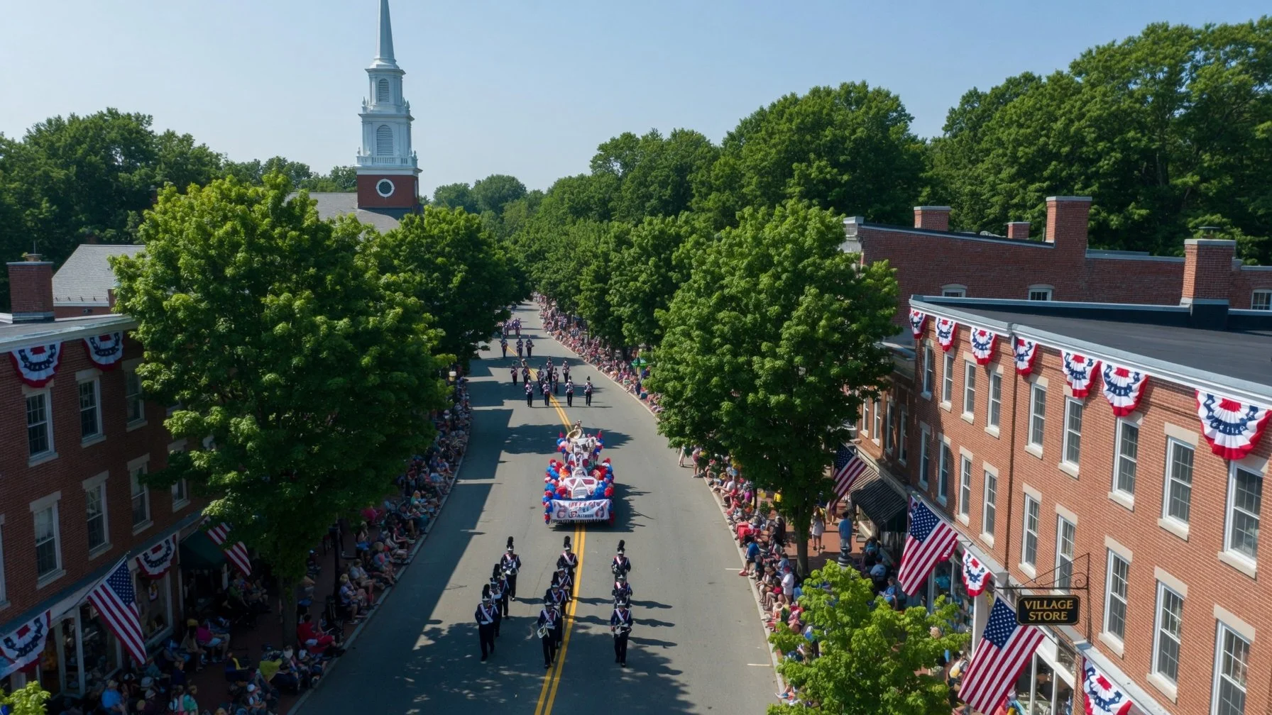Aerial view of a Fourth of July parade marching down a tree-lined New England Main Street, with crowds lining the sidewalks, red white and blue bunting on brick storefronts, and a white church steeple in the background