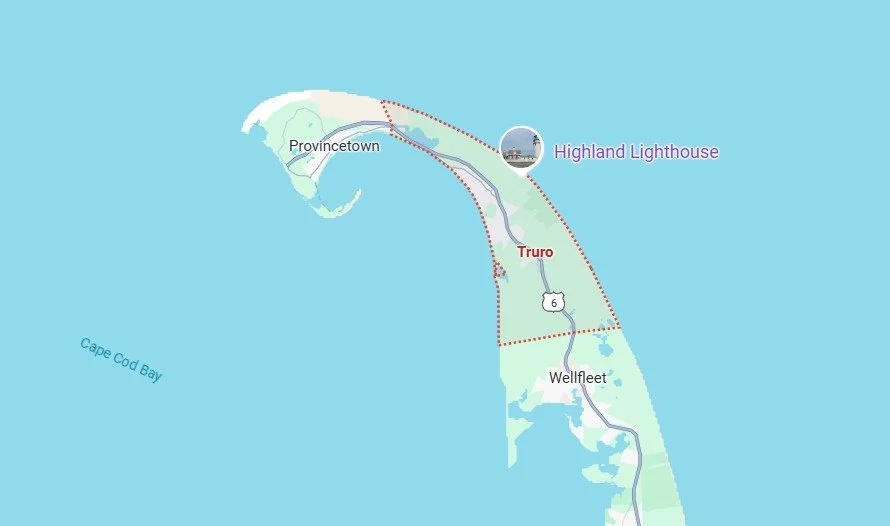 Map of a section of Cape Cod, Massachusetts, highlighting Highland Lighthouse, Truro, Wellfleet, and Provincetown, with routes and water bodies including Cape Cod Bay.