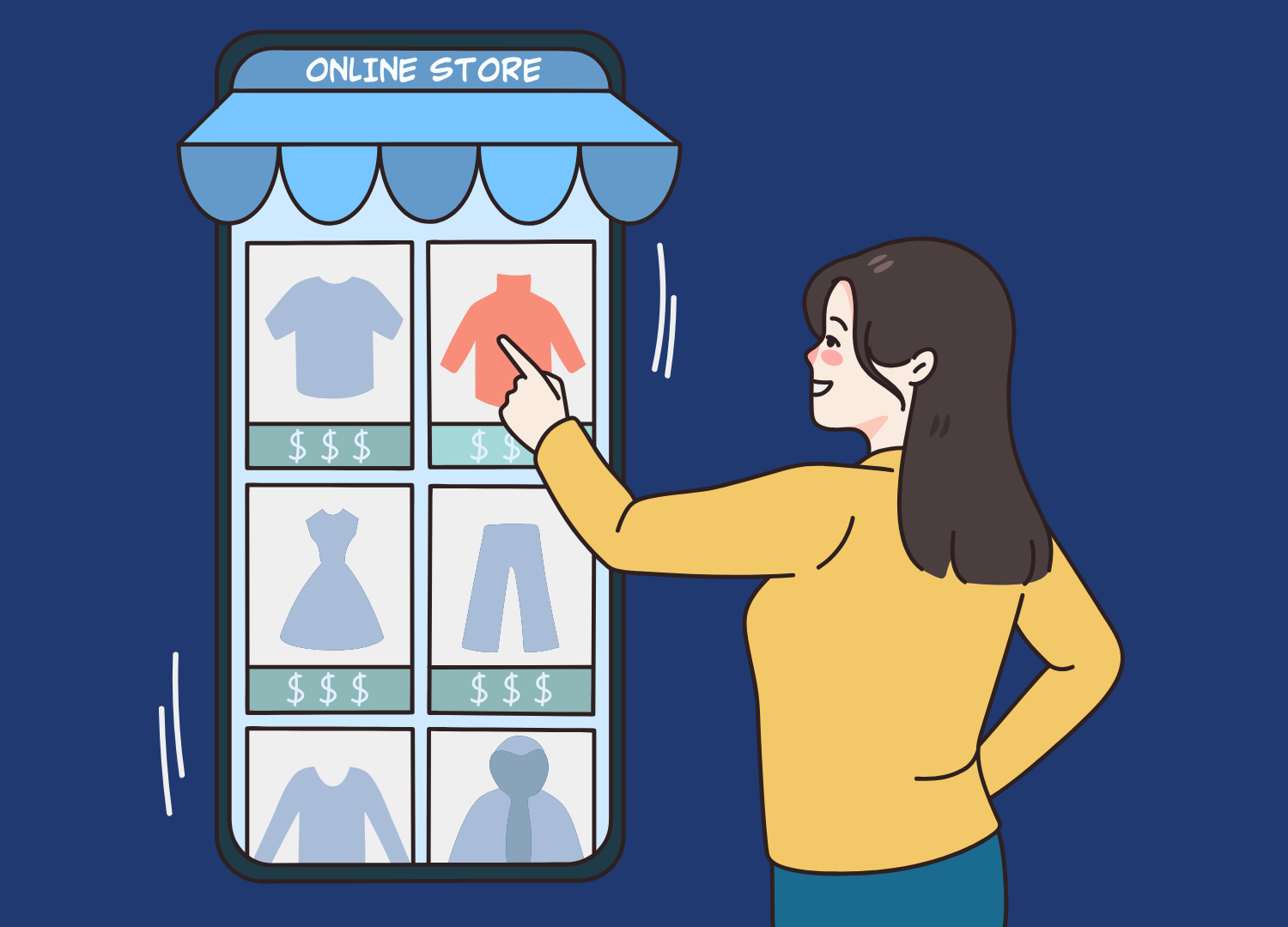 Illustrated graphic of a woman swiping through an online store on a clean, simple, easy-to-use interface.