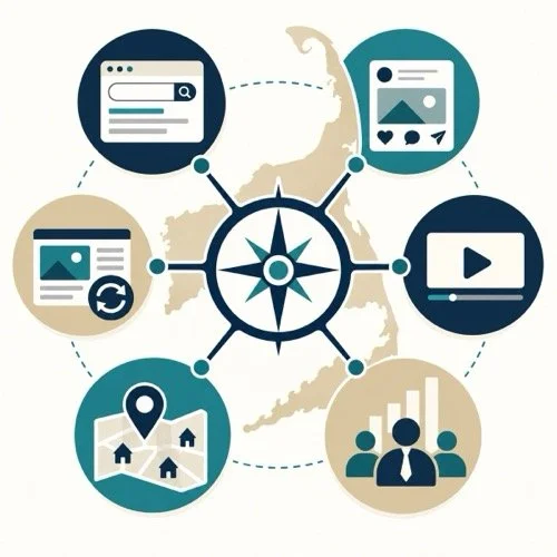 Editorial illustration showing a Cape Cod outline connected to paid search, social media, video, professional audience, neighborhood targeting and remarketing channels.