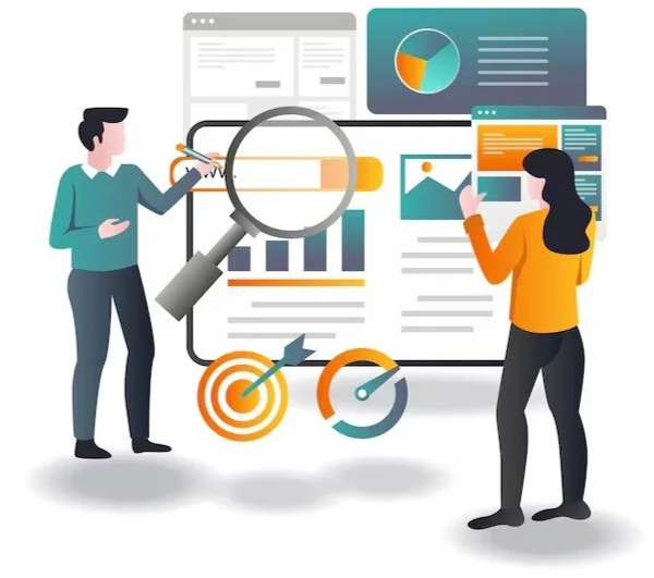 Two people analyzing data on multiple screens with charts, graphs, and a magnifying glass, representing data analysis and review.