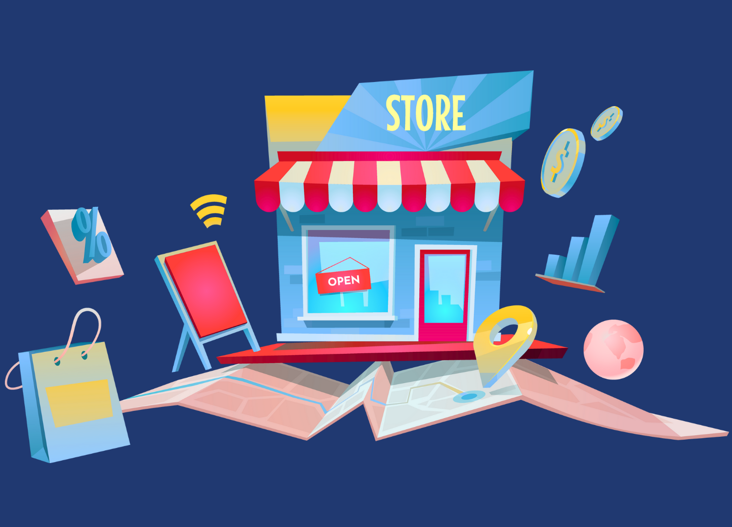 A storefront graphic with digital marketing icons like location pins, search, analytics, and social media representing local business marketing.
