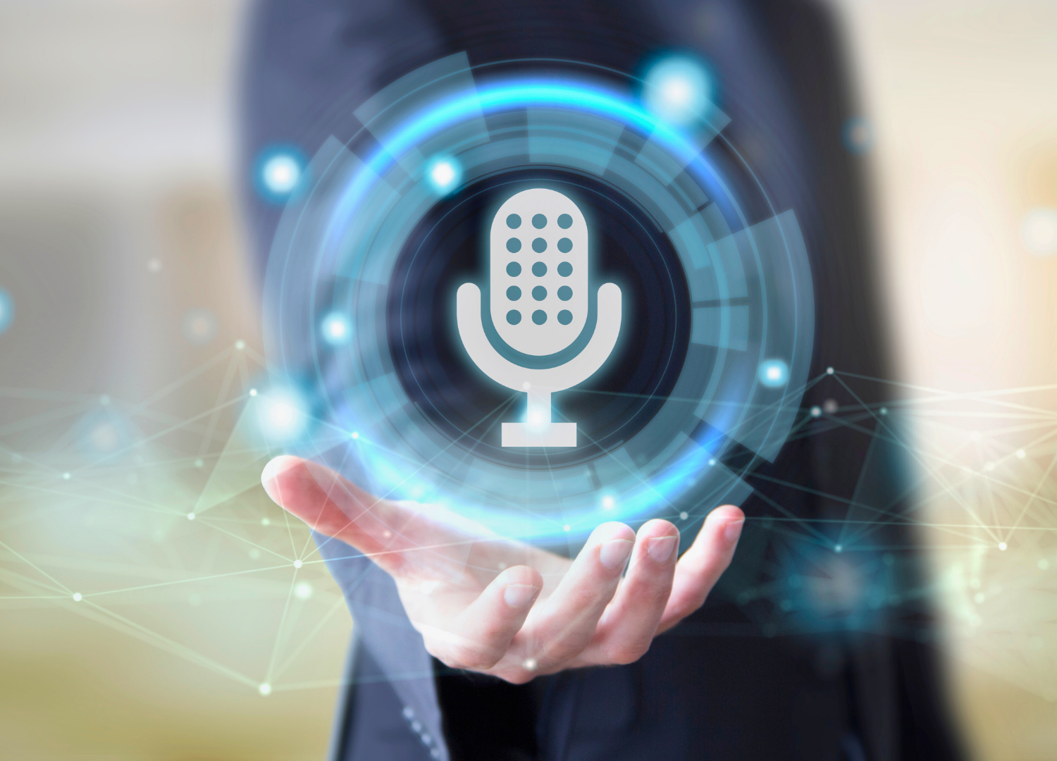 Digital illustration showing a man showing an animated microphone representing voice search.