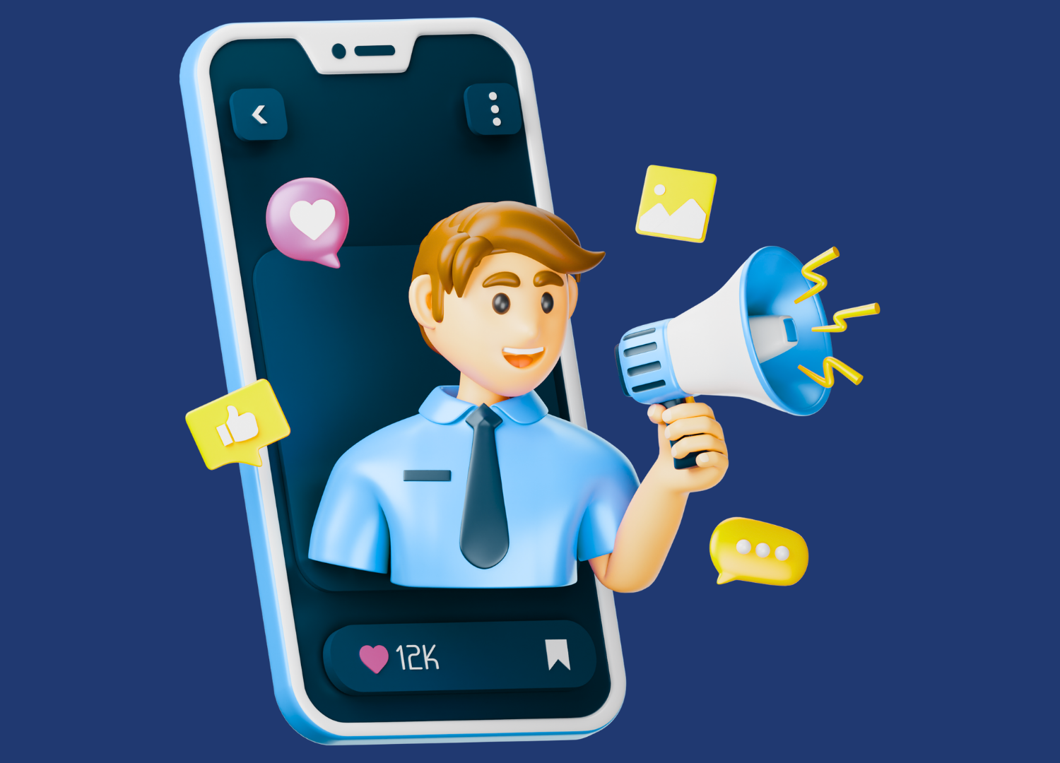 Illustrated graphic of a man with a megaphone bursting out of a mobile screen, with various digital marketing icons around him.