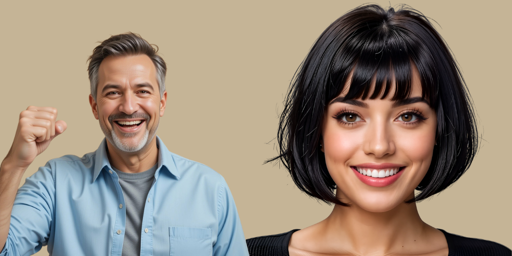 AI-generated smiling face of both gender, highlighting the fine line between friendly and unsettling AI visuals.