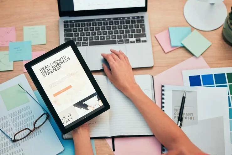 Person working at a desk with a laptop, tablet, notebooks, colorful sticky notes, and glasses, organizing documents and planning.