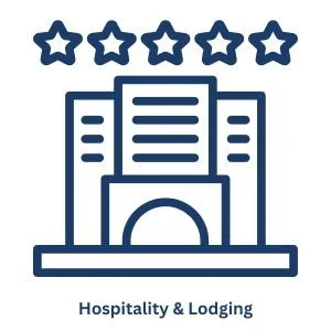 Icon of a hotel building with five stars above and the text 'Hospitality & Lodging' below.