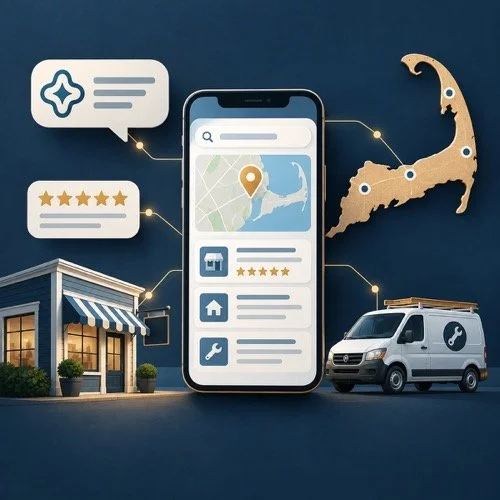 Editorial illustration showing local search results, reviews, a Cape Cod business, a service vehicle and a map of Cape Cod.