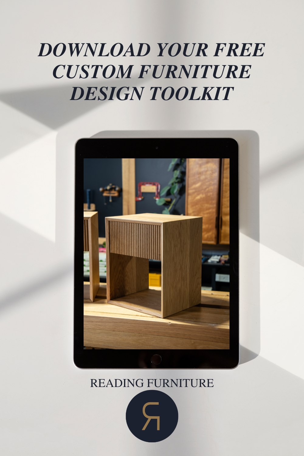 A promotional image for a free custom furniture design toolkit featuring a tablet displaying a wooden furniture piece.