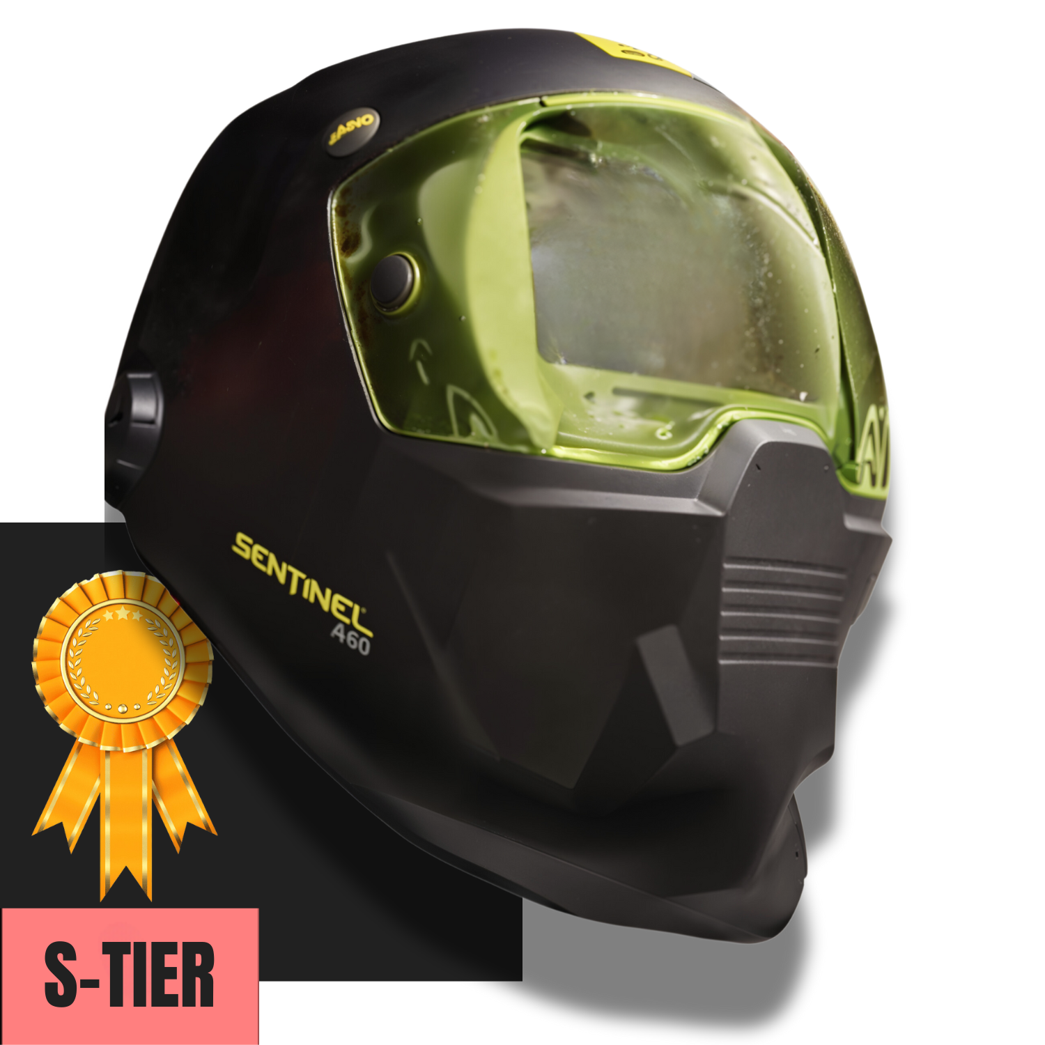 ESAB Sentinel A60 welding helmet, ranked S-tier for superior visibility, durability, and comfort, ideal for professional welders seeking high-performance protective gear.