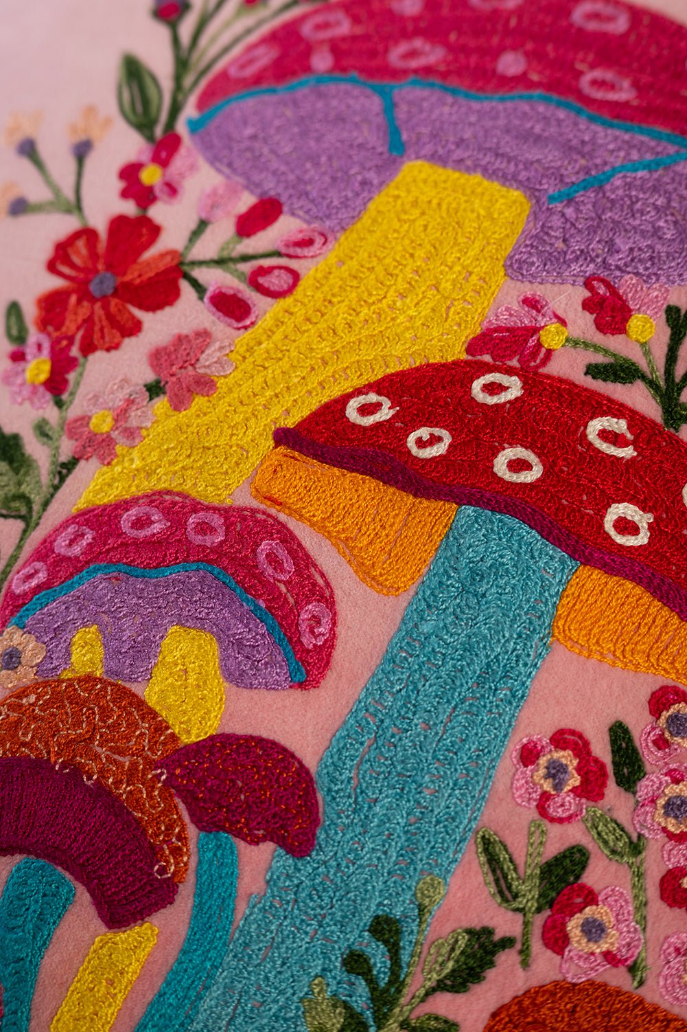 Pink Embroidered Toadstools Cushion by Ian Snow 2.jpg