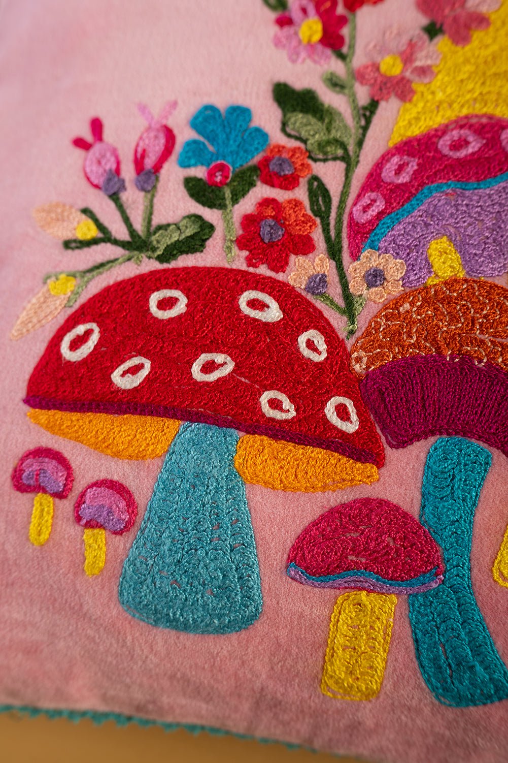 Pink Embroidered Toadstools Cushion by Ian Snow 3.jpg