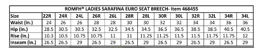 Romfh sarafina ladies riding breech size chart