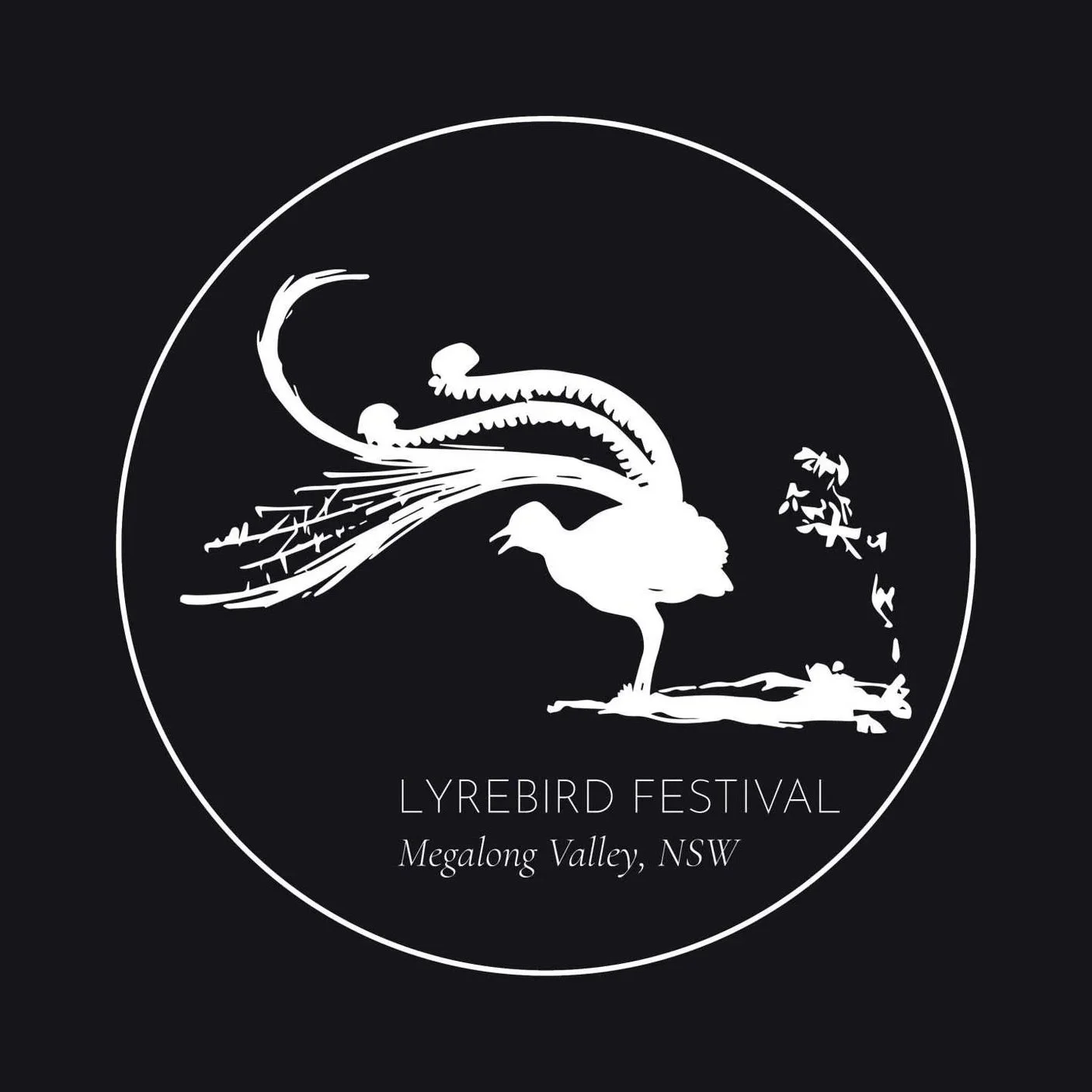 A black and white logo for Lyrebird Festival featuring a stylized lyrebird drawing with detailed tail feathers and a branch with leaves; text indicates the event is in Megalong Valley, NSW.