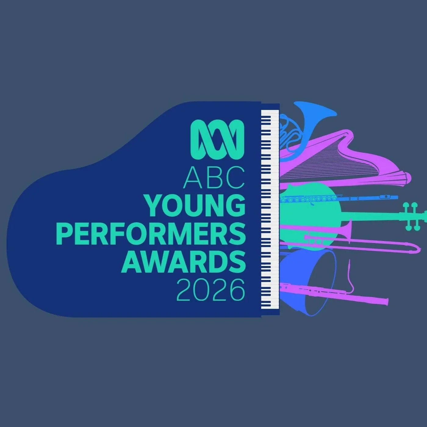 Poster for the 2026 ABC Young Performers Awards with a dark blue background, featuring stylized illustrations of musical instruments like a piano, trumpet, violin, and drum, alongside the ABC logo and event details.