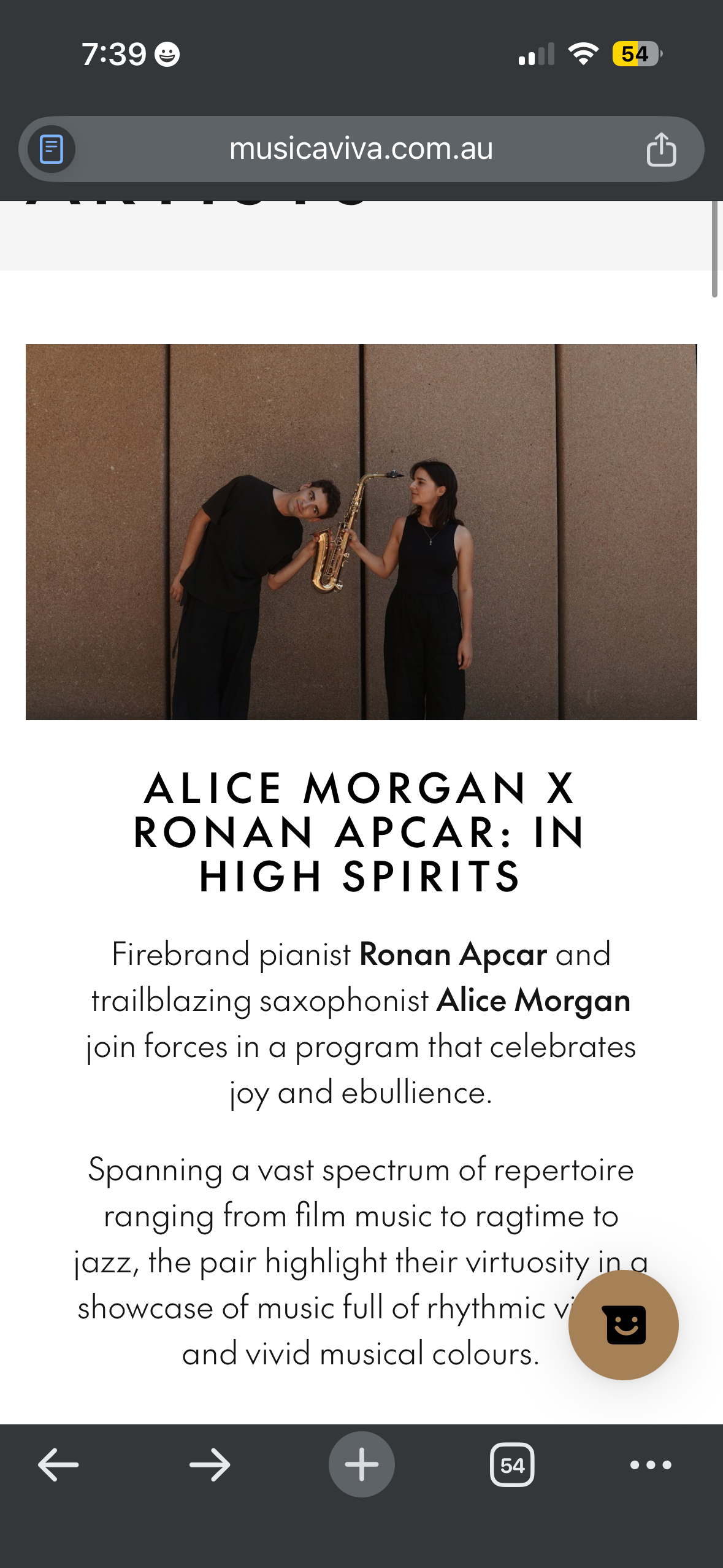 A promotional image featuring two musicians, a man holding a saxophone and a woman standing next to him, against a plain wall. The headline reads "Alice Morgan x Ronan Apcar: In High Spirits," with accompanying text describing a collaboration between a classical pianist and a saxophonist performing a diverse music program.