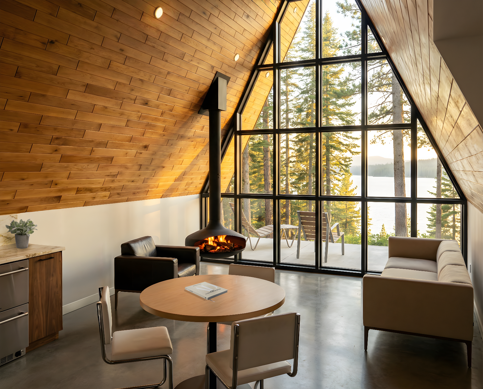 A-Frame interior with fire place