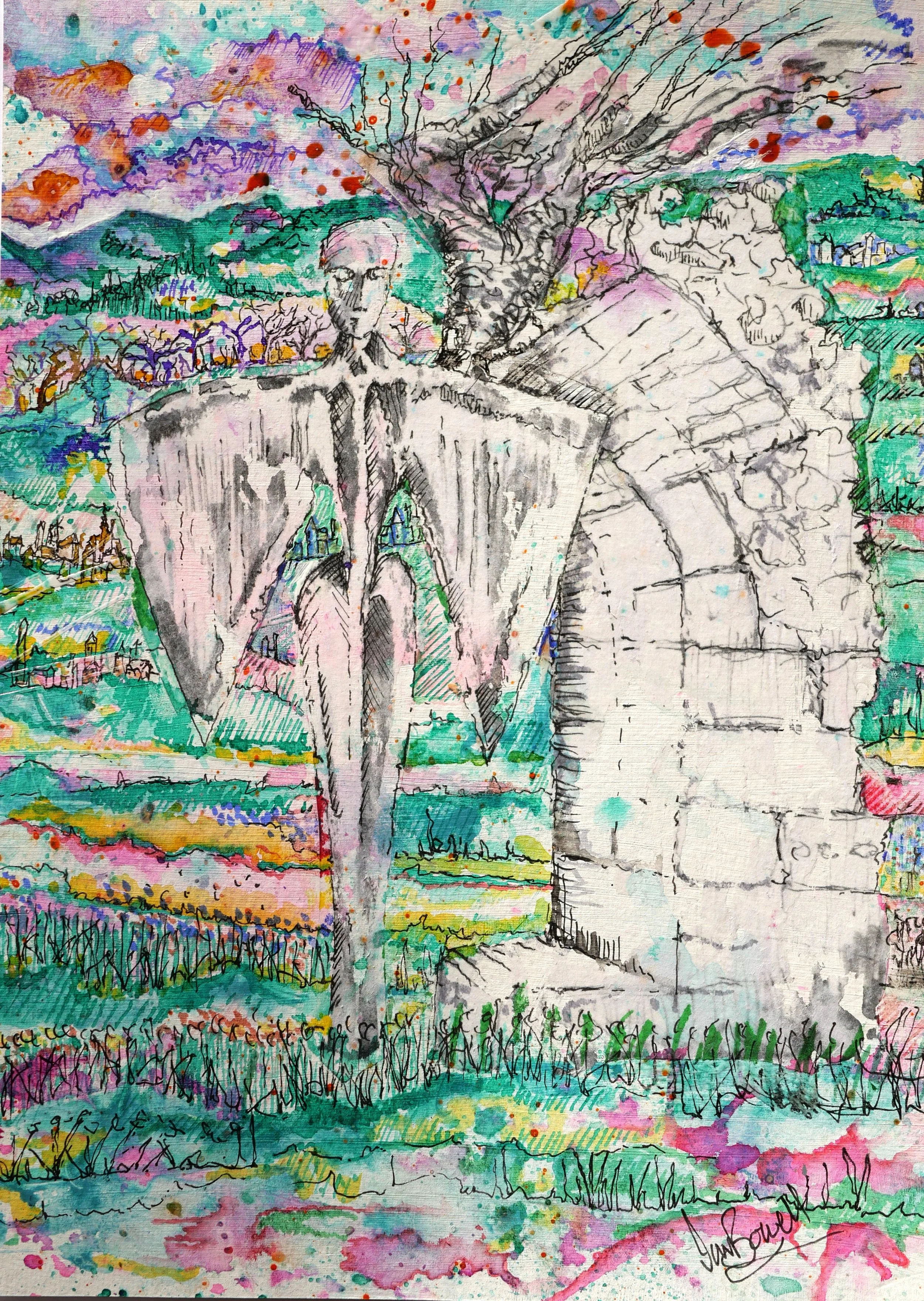 Mythological Solace Mixed Media drawing (225x310)
Ink, water colour, fibre tipped pen and collage on gesso primed paper