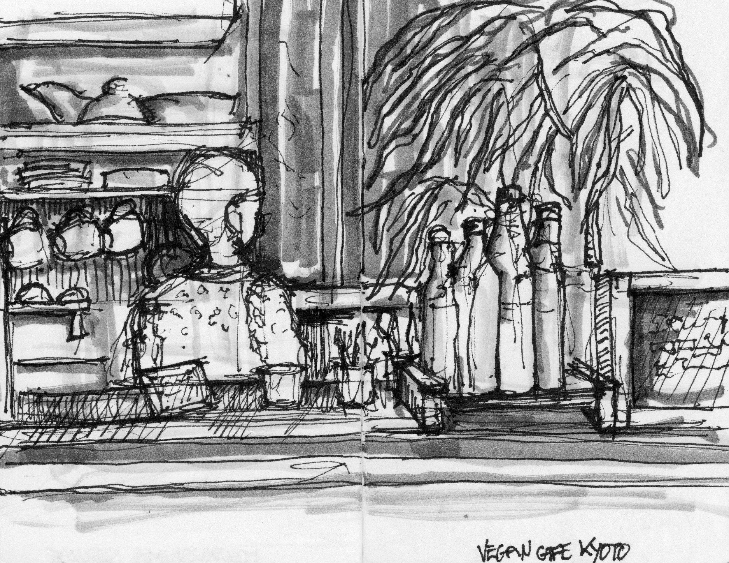 Vegan Café, Kyoto. (135x175)
Brush Pen and Fibre tipped pen.