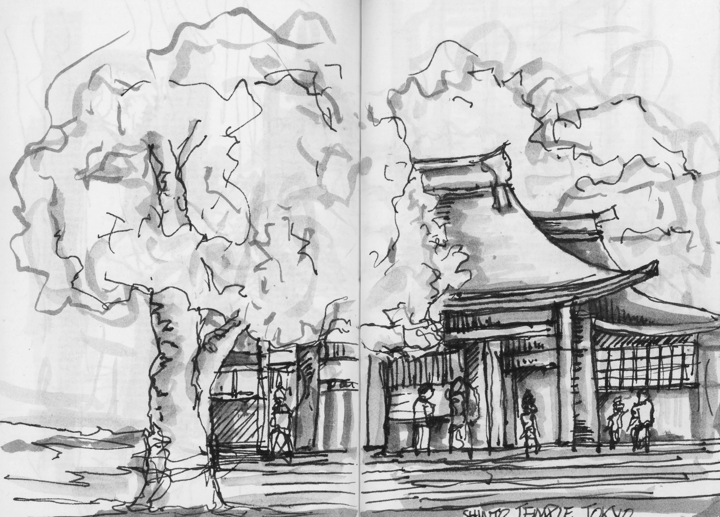 Shinto Temple, Tokyo. (130x170)
Brush Pen and Fibre tipped pen.