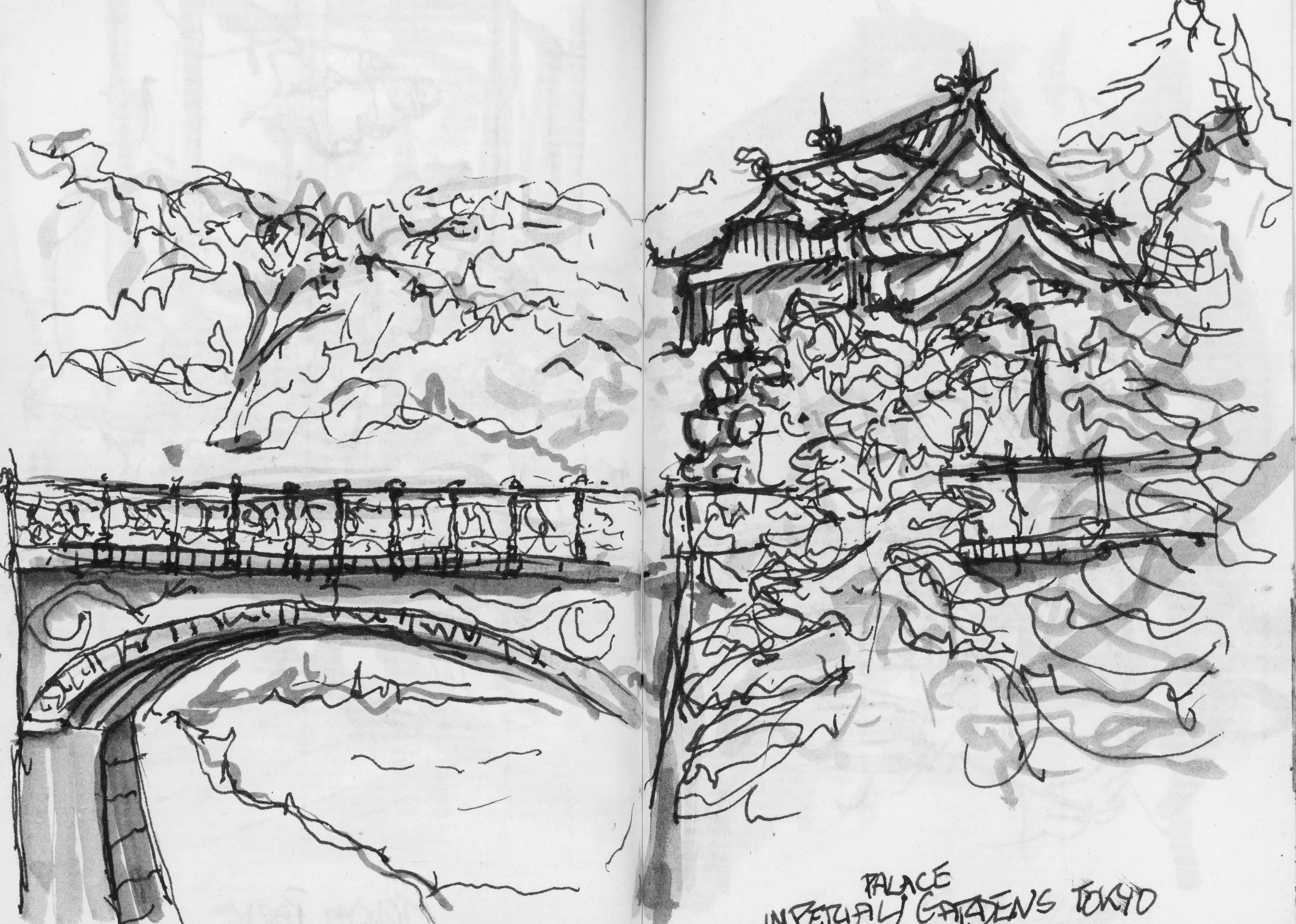 Imperial Palace Gardens, Tokyo. (130x170)
Brush Pen and Fibre tipped pen.