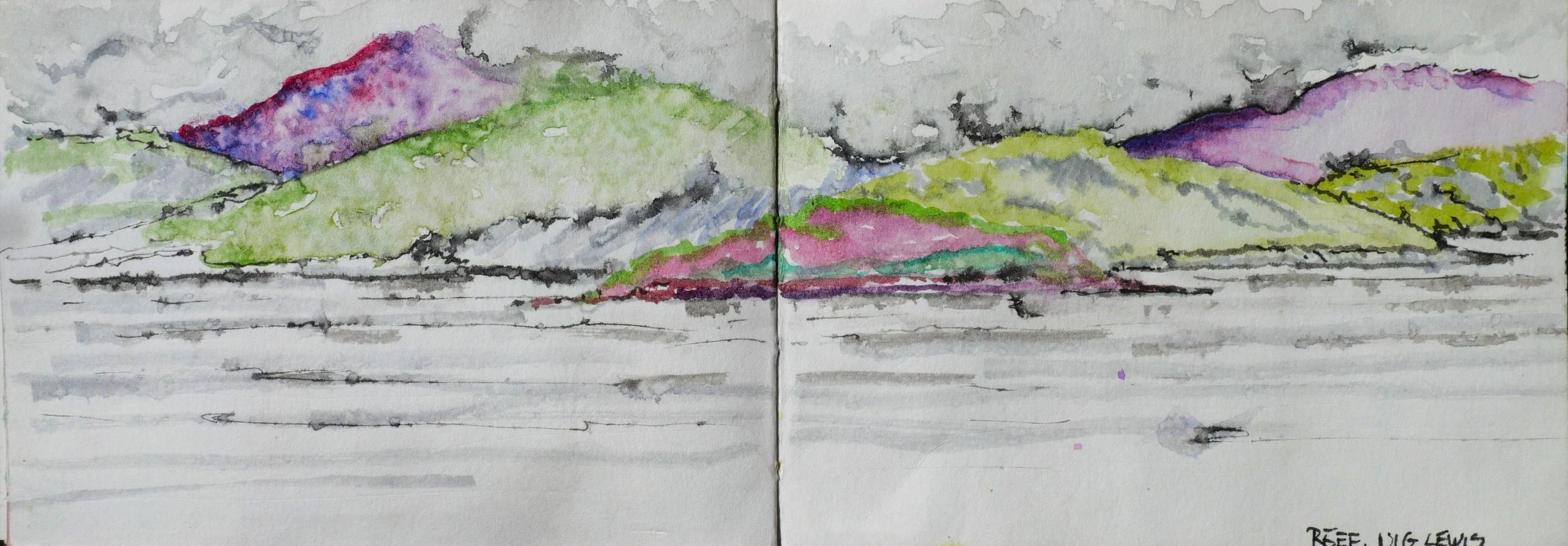 Reef, Uig, Isle of Lewis, Scotland. (230x85)
Brush Pen, Fibre Tipped Pen and Water Colour.